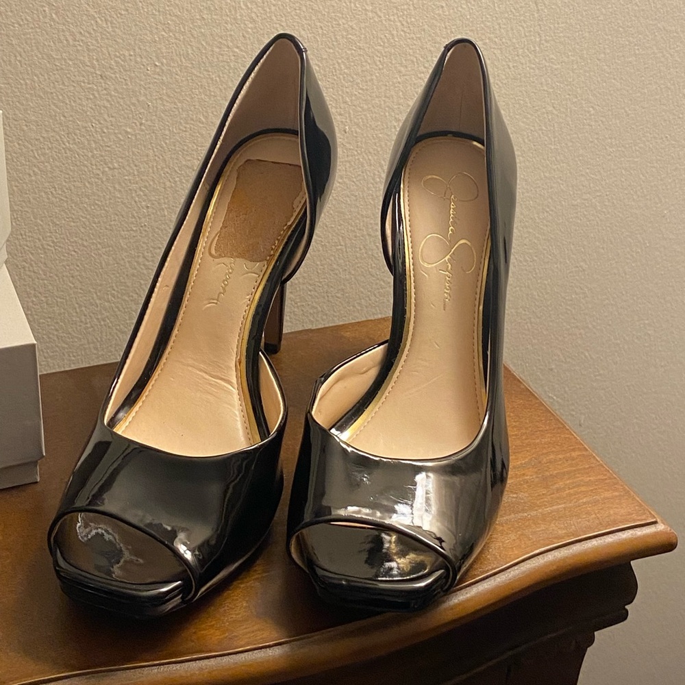 Jessica Simpson black patent leather peep toe stiletto